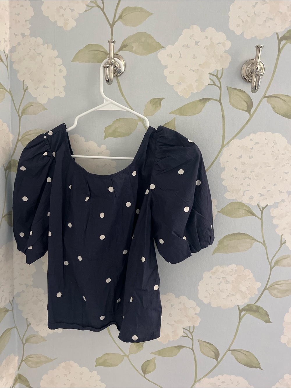 Maeve Navy Polka Dot Puff Sleeve Blouse